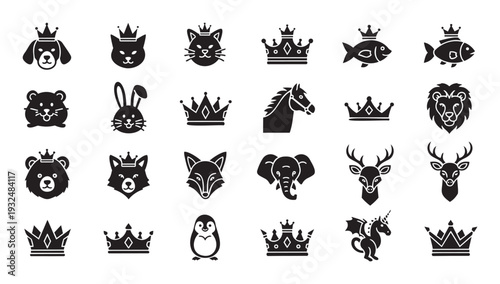 Collection of regal animal head icons and diverse crown symbols representing majesty and charm for branding, app icons, or digital graphics