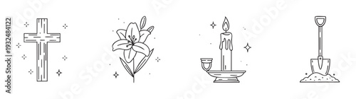 Line icons featuring a wooden cross, lily flower, burning candle, and shovel, suitable for spiritual designs, memorial services, remembrance projects, and religious graphics.