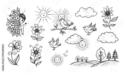 Hand drawn collection of playful nature doodles featuring smiling suns, cheerful birds, blooming flowers, and serene landscapes, ideal for various graphic applications and springtime themes.