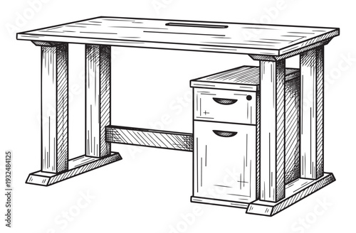 Engraved style wooden study desk featuring a practical side cabinet with two drawers suitable for vintage furniture guides and home office decor presentations.