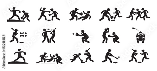 Dynamic baseball stick figures performing essential game actions such as pitching, batting, catching, and base running, ideal for sports brochures and interactive game tutorials.