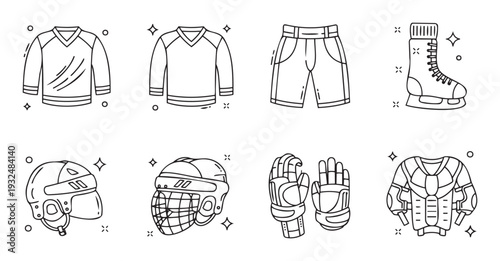 Collection of black outline icons depicting various ice hockey protective equipment and uniforms such as skates helmets gloves jerseys and pads useful for digital sports projects