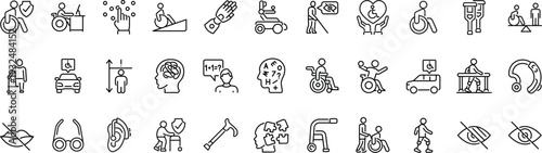 Set of outline icons related to disability, disabled people. Linear icon collection. Editable stroke. Vector
