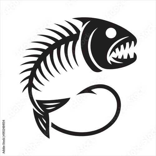 Stylized black silhouette of a menacing fish skeleton with sharp teeth and a fishing hook