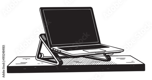 Modern personal computer on an ergonomic stand sitting on a wooden desk surface ready for productive work or digital study at home or office