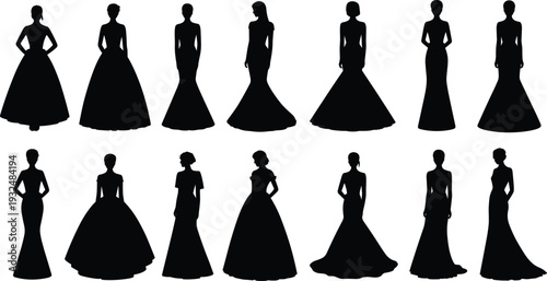 Elegant women in evening gown silhouette collection, fashion model dresses isolated on white background, black female vector illustration set