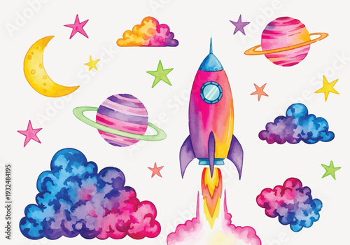 Watercolor Space Elements Set with Rocket, Planets, Moon, Stars, and Colorful Clouds isolated PNG with Transparent Background