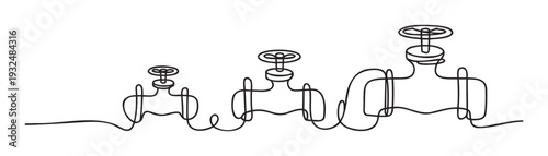Continuous single line drawing of three industrial pipe valves in increasing sizes representing plumbing, fluid control, and infrastructure engineering applications