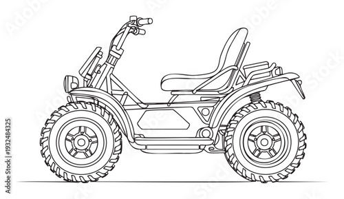 Detailed line drawing of an allterrain utility vehicle, ideal for offroad recreation guides, outdoor adventure publications, and durable equipment manufacturers showcasing reliable