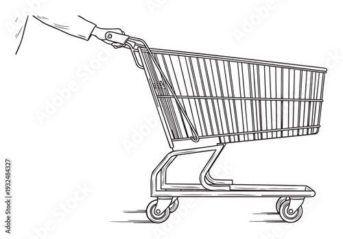 A person pushing a fastmoving shopping cart in a supermarket or store, suitable for retail promotions, grocery announcements, or consumer lifestyle visuals