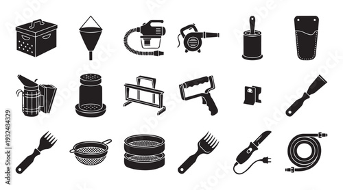 Comprehensive collection of essential beekeeping tools and equipment icons for apiary management, honey extraction, hive maintenance, and apiarist supplies
