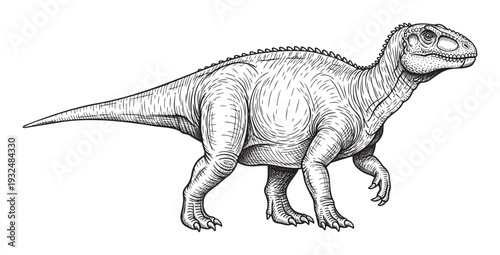 Detailed black and white engraving of a prehistoric dinosaur standing in a natural pose, perfect for educational materials, historical documentaries, or sciencethemed graphic design projects