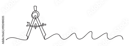 Continuous line drawing of a compass tool followed by a wavy path, ideal for educational resources, architectural presentations, or mathematical subject content.