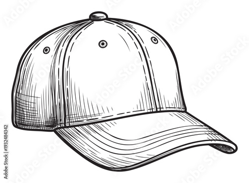 Stylized sketch of a classic baseball cap featuring a curved brim and subtle shading, perfect for sportswear apparel advertising and casual fashion design projects.