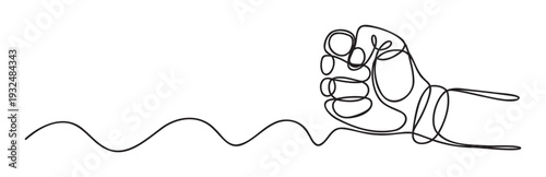 Continuous line drawing of a clenched fist with a wavy stroke extending horizontally, representing strength and solidarity for concepts needing visual emphasis and powerful messaging.