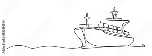 Simple continuous single line drawing of a cargo ship sailing on the ocean, symbolizing global transportation and international logistics for business and maritime industry projects.
