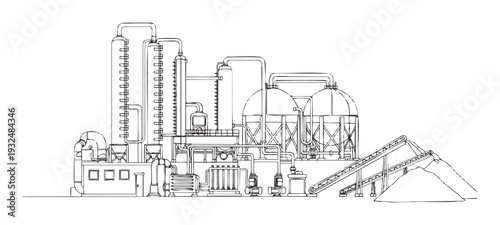 Industrial factory complex blueprint depicting a comprehensive chemical processing facility with distillation units, large storage tanks, and material handling systems for engineering