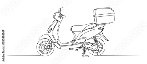 Modern continuous line drawing of a delivery scooter with a cargo box, perfect for illustrating urban transportation services, food delivery businesses, or efficient city logistics concepts.