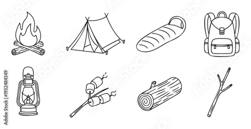 Collection of hand drawn camping and outdoor equipment line icons for adventure themed websites and summer camp activity guides