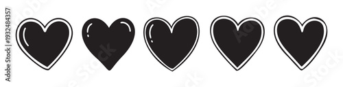 A collection of diverse black heart shapes with white outlines and subtle gloss effects, perfect for romantic designs, social media graphics, greeting digital content, or expressing