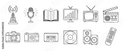 Hand drawn media communication and entertainment technology icons collection showcasing various devices like televisions cameras microphones and speakers for digital content and industry