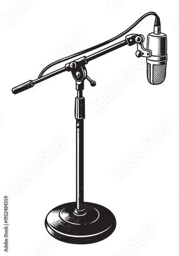 Classic recording studio microphone on an adjustable stand rendered in a detailed woodcut engraving style suitable for music production, podcasting, or broadcast media graphics
