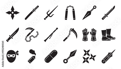 Comprehensive collection of traditional Japanese ninja weapons and stealth tools perfect for martial arts themed graphic design, video game assets, or educational content