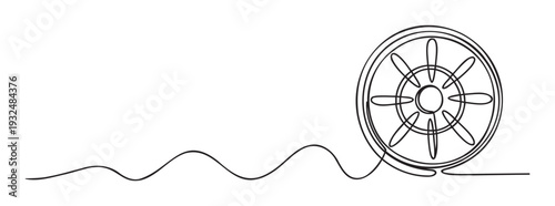 Simple minimalist one line artwork depicting a ships wheel with a wavy connection ideal for modern navigation concepts and journey themed visual content