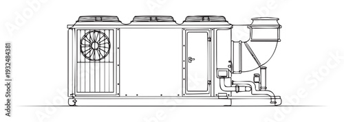 Schematic line drawing of an industrial HVAC air conditioning unit illustrating mechanical equipment for engineering blueprints and architectural plans