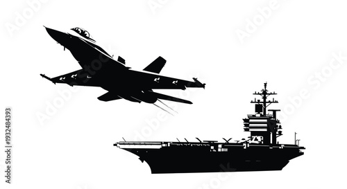 Military aircraft taking off from an aircraft carrier striking black silhouette