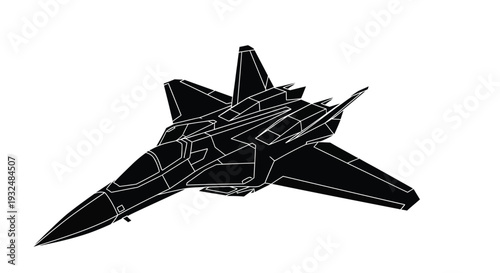 Detailed black silhouette of a modern fighter jet in flight silhouette