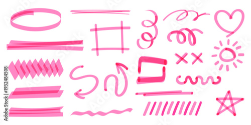 Hand drawn marker highlights and underlines, pink pen doodle strokes, vector set isolated on white. Circles on whiteboard, arrows, star and heart marks for emphasis, marker texture elements
