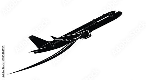 A sleek passenger airplane in flight depicted as a striking black silhouette