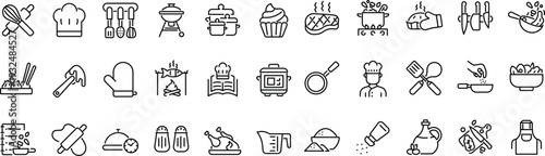 Set of outline icons related to cooking, kitchen. Linear icon collection. Editable stroke. Vector