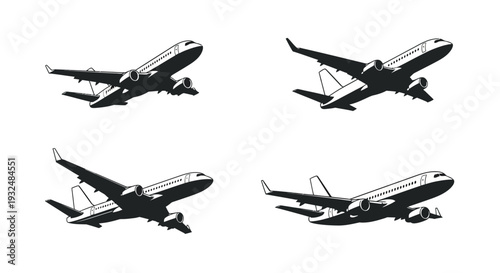 Four airplane silhouettes in flight showcasing dynamic aerial perspectives silhouette