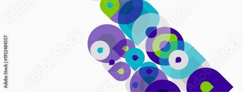 Abstract colorful circles overlap, creating dynamic visual pattern. Bright hues contrast against white background. Modern design element.