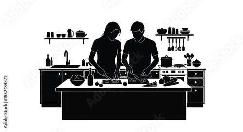 Couple cooking together in a kitchen detailed black silhouette high quality