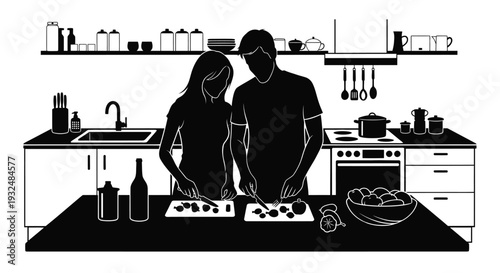 Couple preparing food together in a kitchen a striking black silhouette