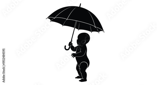 A small child stands holding an open umbrella against a white background silhouette