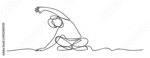 Minimalist continuous line drawing of a person doing a graceful side stretch in a seated yoga pose, perfect for health and wellness advertising and graphic design projects