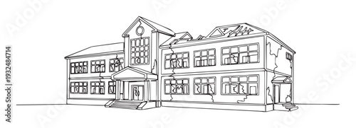 A weathered and abandoned old school building sketch, featuring dilapidated architecture and broken windows, perfect for urban decay themes or historical project resources