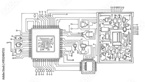 Complex electronic circuit board diagram illustrating intricate connections and data flow, ideal for technological presentations, educational materials, and hardware engineering projects.