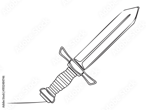 Continuous line drawing of a sharp fantasy sword with a prominent hilt and crossguard, perfect for gaming, fantasy media, or historical adventure applications