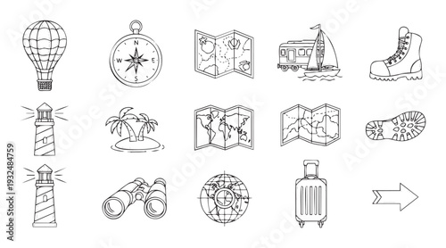A comprehensive collection of doodlestyle travel icons for planning adventure journeys, exploring new destinations, and creating engaging tourismrelated graphics and web content.