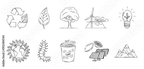 Collection of hand drawn outline icons representing environmental conservation, renewable energy, recycling, and sustainable living for ecofriendly projects and educational resources