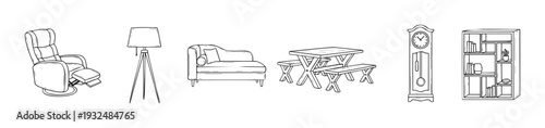 Various household furniture items comfortable recliner, floor lamp, chaise lounge, picnic table, grandfather clock, and bookshelf, suitable for interior design themes and home furnishing