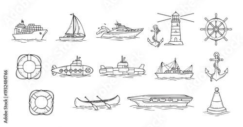 Diverse collection of hand drawn outline marine and nautical vehicles and equipment perfect for ocean related educational materials or travel brochures