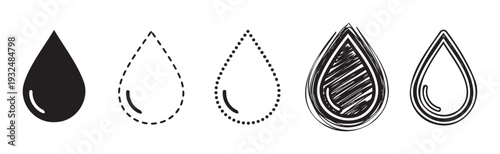 Set of various water drop icons, including solid, dashed, dotted, and handdrawn styles, perfect for illustrating themes like nature, cleanliness, and fluid dynamics in digital media