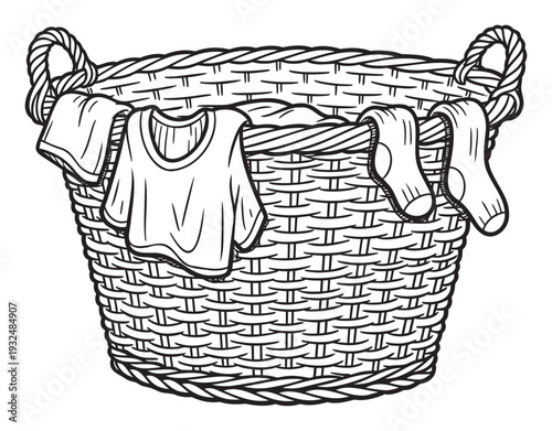 Wicker laundry basket filled with clothes and socks, perfect for home organization themes, household chores, or domestic life concepts for various media projects.