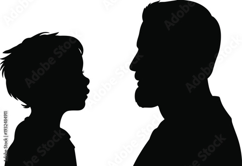 Father and son face to face silhouette isolated on white background, parenting relationship communication concept illustration for family bond design